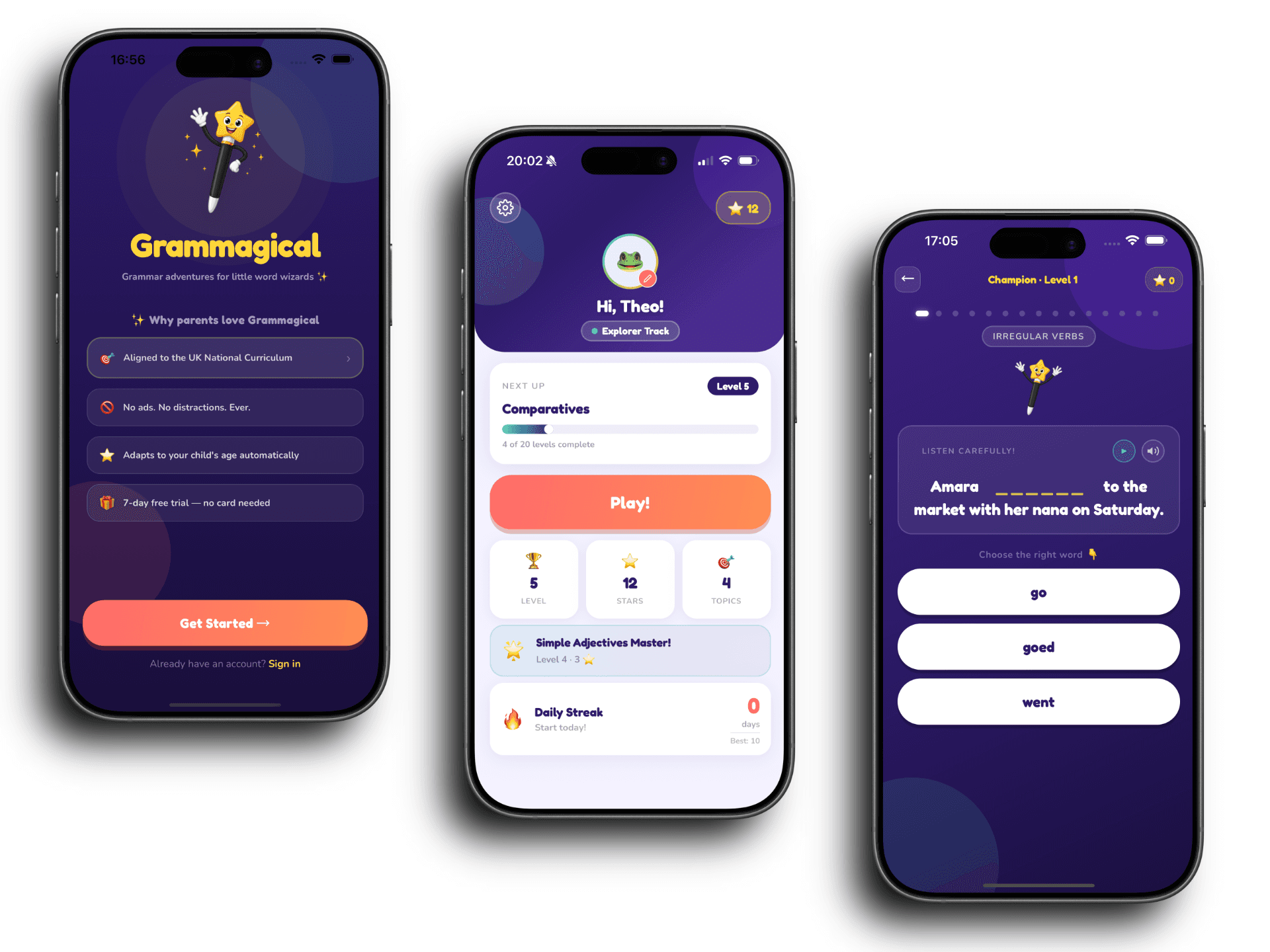 Screens from the Grammagical app