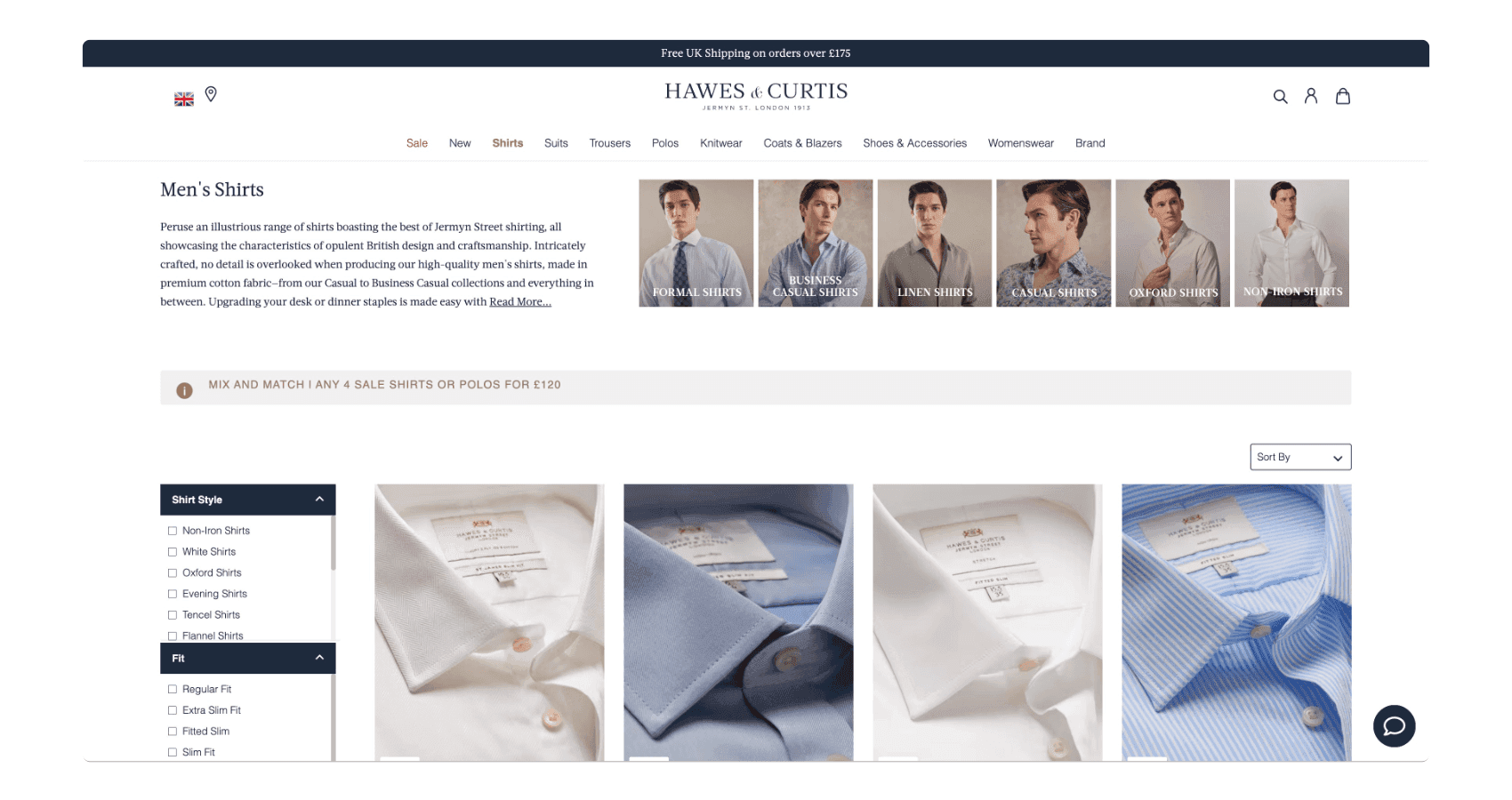 Hawes & Curtis product detail screen